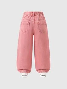 SHEIN 少女時尚雪花水洗破洞愛心刺繡牛仔褲 90年代秋季款 - 粉色 - 查看 2