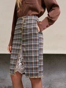 MOTF PREMIUM WOMEN'S VINTAGE PLAID RIBBON TRIM SLIT HEM ELEGANT SKIRT - Multicolor - View 4