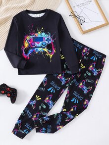Piyama Anak Laki-laki Remaja 2 Potong Motif Konsol Game Fluorescent, Kerah Bulat, Lengan Panjang, Celana Panjang, Kasual, Nyaman, Pas di Rumah, Cocok untuk Musim Gugur/Dingin, Acara Keluarga, Pesta Piyama, Pemotretan. - MultiWarna - View 3