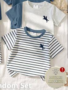 Young Boys 1 Set Random Summer Outfits, Toddler Cute Horse Rider Graphic Striped Short Sleeve T-Shirt And Shorts Matching Clothing Bundle Only 1 Set - Multicolor - View 3