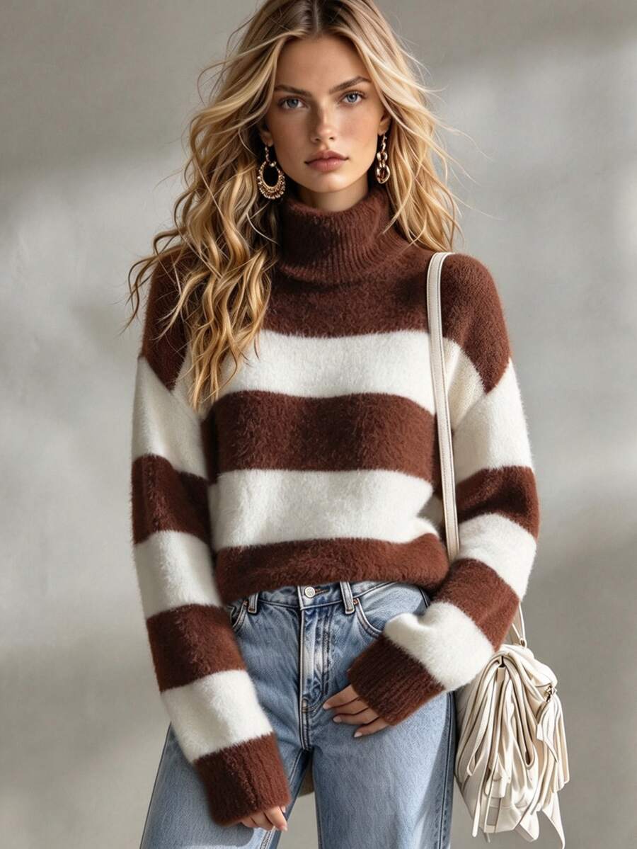 SHEIN 女款條紋高領落肩長袖休閒毛衣 - 鏽棕色 - 查看 1