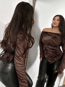 Firerie 大尺碼女款不對稱肩全印花休閒日常長袖T恤 - 彩色 - 查看 4