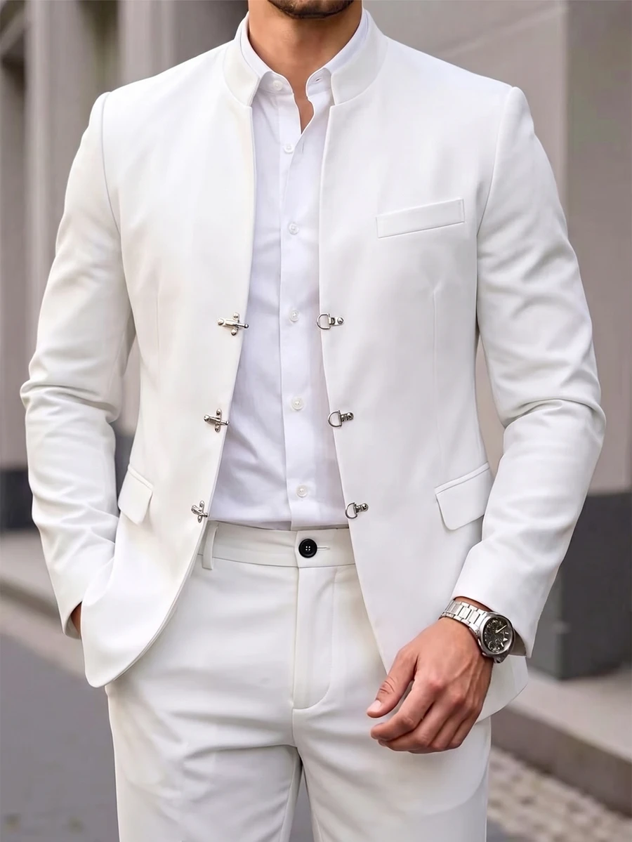 Manfinity Mode Men's Solid Color Casual Business Suit Set, Button Design, Suitable For Daily Commute, Relaxed Work Environment Or Semi-Formal Occasions, Also An Ideal Gift For Boyfriend And Husband - White - View 1