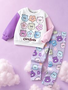 SHEIN X Care Bears 女童休閒圓領長袖運動衫與內搭褲2件套，適合秋冬穿著 - 彩色 - 查看 1