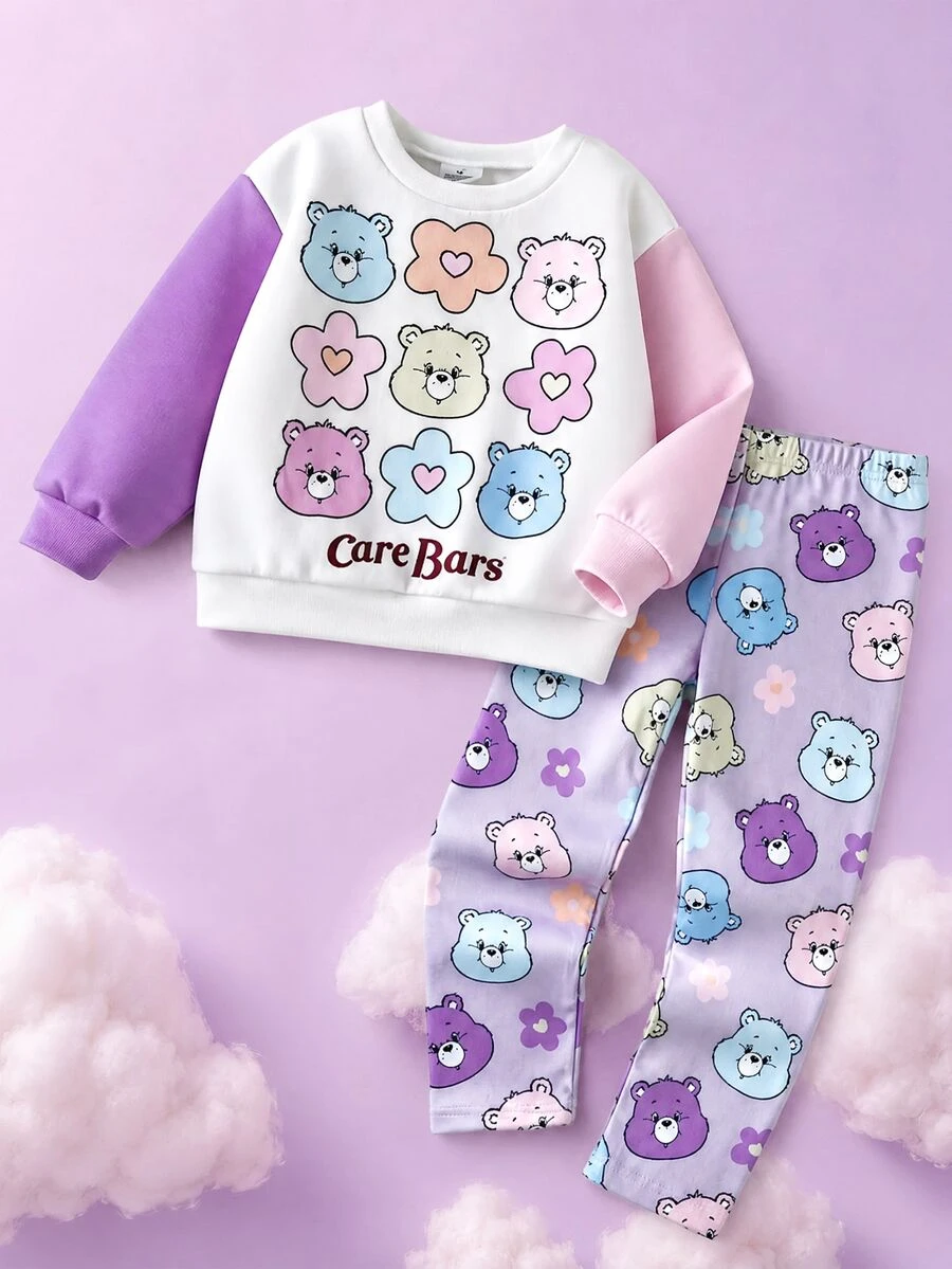 SHEIN X Care Bears 女童休閒圓領長袖運動衫與內搭褲2件套,適合秋冬穿著 - 彩色 - 查看 1