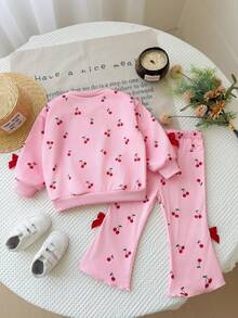 SHEIN LMoss Kids 女嬰櫻桃印花蝴蝶結裝飾運動衫與喇叭褲套裝 - 淺粉色 - 查看 2