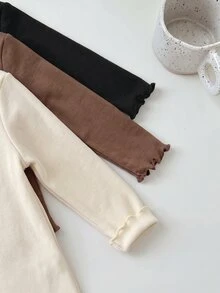 SHEIN LMoss Kids LMoss 3件組女嬰純色針織荷葉邊下擺長袖上衣，秋冬返校教師節畢業季，黑色、棕色、馬卡龍色 - 彩色 - 查看 4