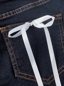 SHEIN MOD 女款蝴蝶結裝飾休閒百搭牛仔裙 - 深色水洗藍 - 查看 3