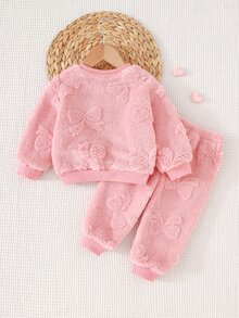 Cozy Pixies Baby Girl Knit Solid Color Faux Fur Long Sleeve Top And Pants Set, 2 Pieces Loungewear, Suitable For Autumn/Winter - Baby Pink - View 2