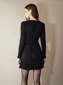 MOTF PREMIUM RIVET DECORATED PLEATED LONG SLEEVE SHORT DRESS - Black - View 5