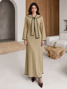 Rue Lumi Gaun Rajut Lengan Panjang dengan Simpul Depan untuk Wanita - Khaki - View 3