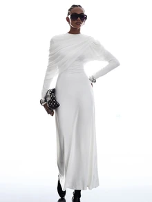 LYSMO Women's Designer Fashion Pleated Cape Dress Dinner Party White Elegant - White - View 8
