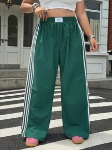 Muchica 大尺碼休閒白色拼色寬腿褲 - 適合返校、騎單車、辦公室、健身與運動及其他日常場景 (秋季款) - 橄欖綠 - 查看 6