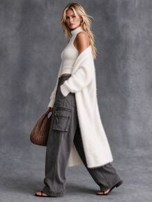 LUMIGAL Women's Solid Color Halter Top And Long Sleeve Cardigan Knit 2 Pieces Set - White - View 2