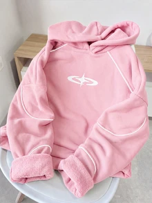 SHEIN 青少年女孩拼色連帽休閒 Y2K 日常長袖冬季衛衣 生日告別 粉色秋季 - 粉色 - 查看 5