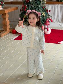 DAZY Baby Girl All-Over Print Long Sleeve Single-Breasted Knit Cardigan And Knit Pants Casual Set - White - View 5