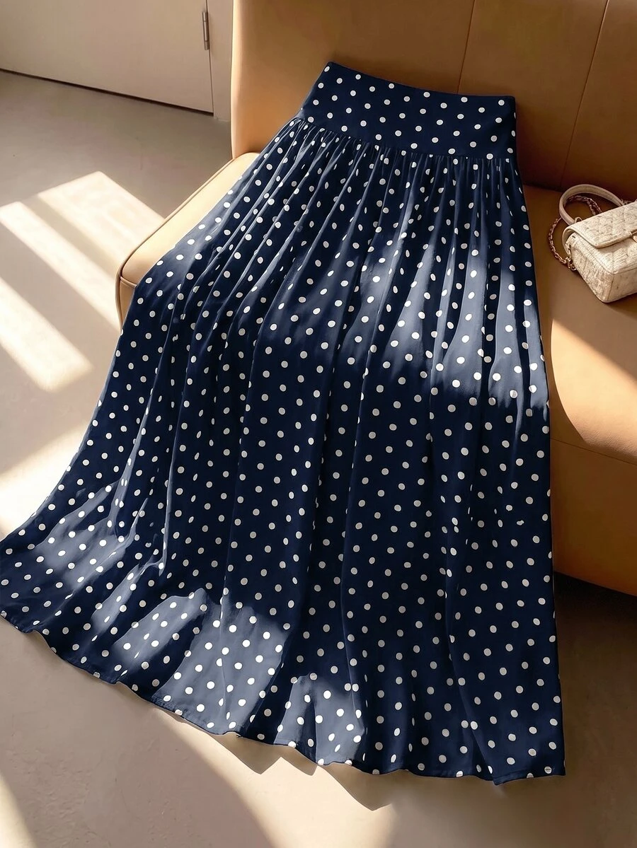 SHEIN 青少年女孩波點印花高腰裙 - 藍色 - 查看 1