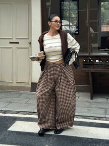 Muchica New Autumn Plus-Size Women's American-Style Plaid Wide-Leg Trousers With Pleats And Curved Hem Fall - Multicolor - View 4