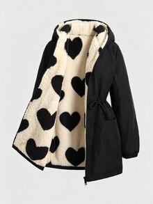 SHEIN 少女休閒愛心印花保暖內裡連帽派克夾克外套，秋冬返校季適用 - 黑色 - 查看 3