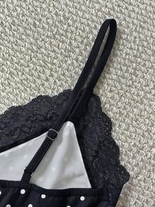 IslaSuriya 女款優雅度假風波點印花對比蕾絲修身細肩帶背心上衣 - 黑色 - 查看 4