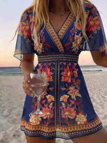 SHEIN Swim 女款花卉印花V領休閒度假罩衫洋裝 - 彩色 - 查看 4