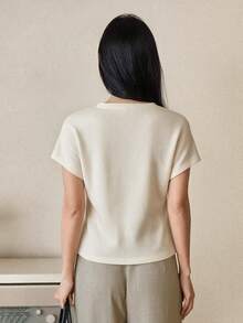 Dazy-Less Women's Korean Style Minimalist Ribbed Draped T-Shirt For Daily Wear - Light Yellow - View 2