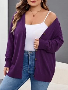 SHEIN CURVE+ 大尺碼黑色冬季休閒日常針織開襟衫 8XL，女裝 6XL 5XL XXL 哥德風萬聖節服裝，蜘蛛網印花秋季透視緊身褲 - 紫色 - 查看 4