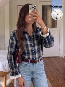 Serisse Women's Plaid Casual Versatile Daily Long Sleeve Shirt - Navy Blue - View 3