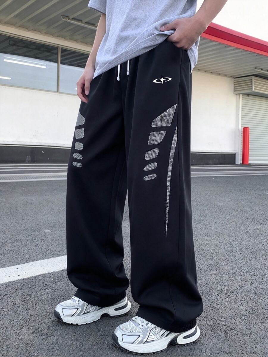 1pc Kids High Street Fashion Color Block Logo Print Straight Leg Pants, Novel Fashion, Comfortable Fabric, Versatile & Practical, New Arrival, Suitable For All Seasons, Daily Wear, Sports, School And Other Occasions, Tween Boys Pants - Black - View 1
