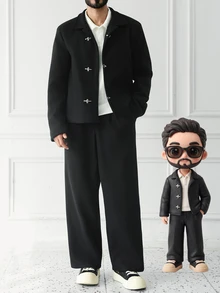 HUEFORM Men's Wool Blend Classic Versatile Large Pocket Lapel Airplane Button Decor Comfortable Mature Casual Jacket 2 Pieces Set - Black - View 5