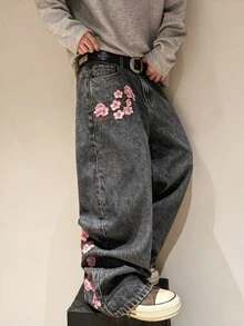 STEELVANCE 街頭風極簡精緻桃花刺繡設計百搭寬鬆寬腿牛仔褲 - 灰色 - 查看 5