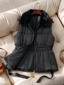 GlowEve CURVE Women's Plus Size Fur Collar Patchwork Zipper Front Fall Vest Homewear Office Black Casual Baggy Winter - Black - View 1