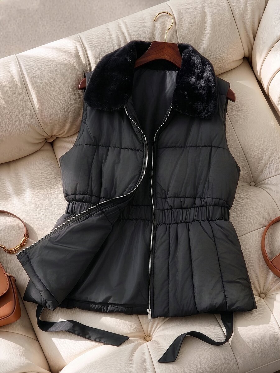 GlowEve CURVE Women's Plus Size Fur Collar Patchwork Zipper Front Fall Vest Homewear Office Black Casual Baggy Winter - Black - View 1