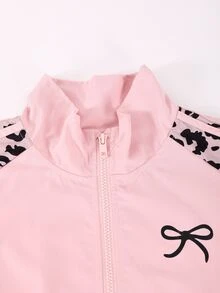 SHEIN Tween Girls Leopard Print 2 Pieces Outfit, Fall Style Pink Colorblock Zip Jacket & Wide Leg Sweatpants Set, Casual Tracksuit - Pink - View 4
