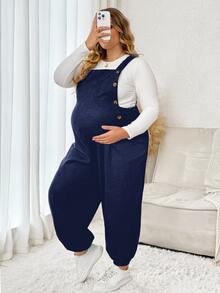 Plussiva Plus Maternity Solid Button Detail Overall Without Tee Photoshoot Summer Maternity Going Out - Navy Blue - View 6