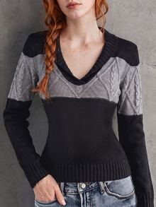 SHEIN Women's Chic Casual Daily Long Sleeve Black Cable Knit Top Sweater Slim Fit V-Neck Fall Winter Going Out Date Night Dinner - Dark Grey - View 1