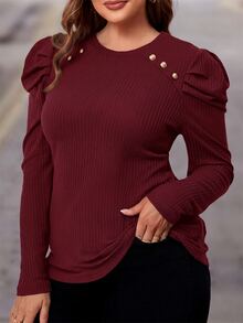 SHEIN Clasi Plus Size Button Details Puff Sleeve T-Shirt Fall - Burgundy - View 3