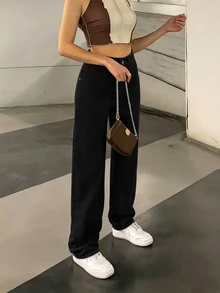 SHEIN Tall 女款百搭日常鈕扣口袋牛仔褲 - 黑色 - 查看 5