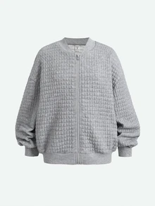 SHEIN جاكيت خريف/شتاء كاجوال محبوك للأطفال الفتيات المراهقات، رمادي فاتح بنسيج بارز متعدد الاستخدامات - رمادي - مشاهدة 2