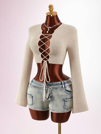 Mistrie Women's Lace-Up Cropped Sexy Streetwear Sweater