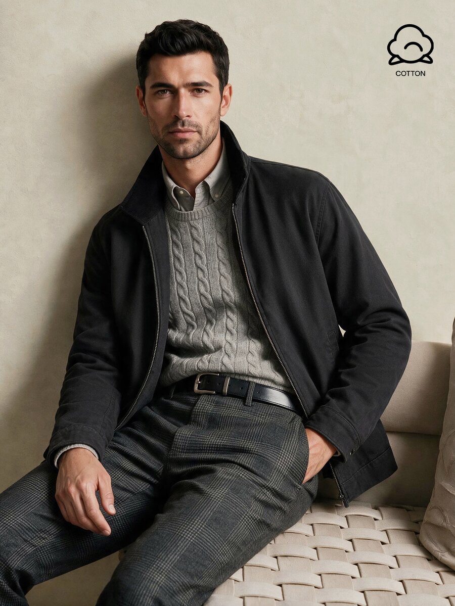 Lornavo Men's Zipper Pocket Long Sleeve Jacket, Versatile For Daily Wear - Black - View 1