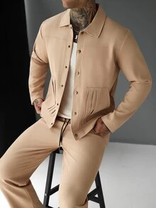Manfinity Homme طقم رجالي كاجوال يومي بلون سادة يتكون من جاكيت بأكمام طويلة وبنطلون - كاكي - مشاهدة 4