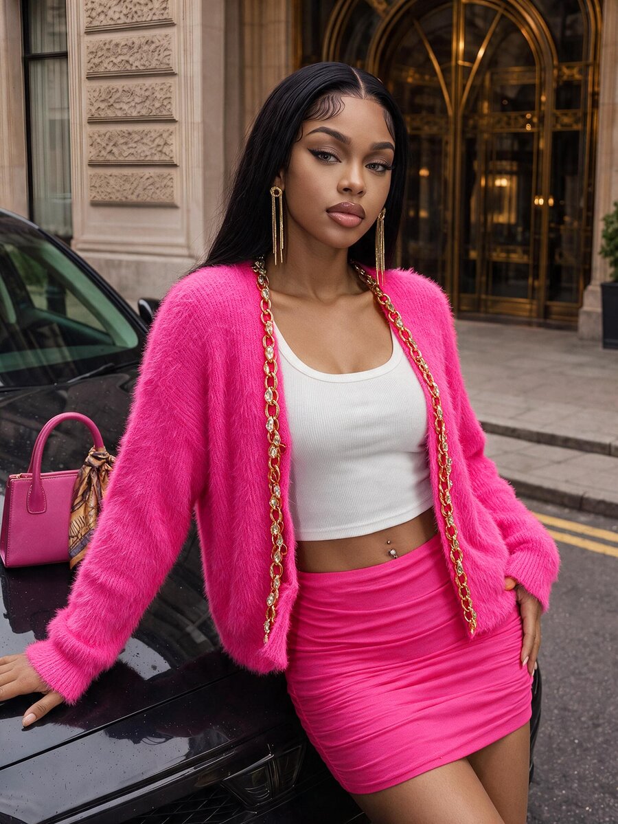 BamGleam Autumn/Winter Fashion Faux Mink Chain Cardigan Sweater - Hot Pink - View 1