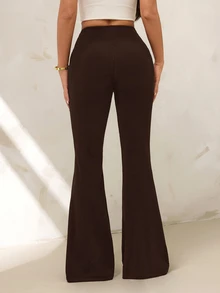 SHEIN PETITE 女款純色高腰休閒百搭日常喇叭褲 - 咖啡棕 - 查看 2