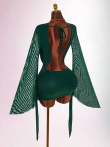 Amplova Romantic Vacation Earthy Tone Low-Cut Draping Collar, Flared Sleeves, Bodycon Mini Dress - Dark Green - View 9