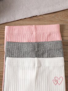 SHEIN Vintaside Kids 3件組女嬰打底褲，秋季休閒度假款，夏季純色長褲，刺繡愛心設計，簡約甜美風 - 彩色 - 查看 4
