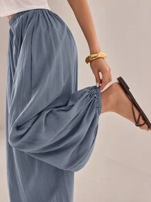 SHEIN PETITE 2026 女款春夏度假系列：優雅橄欖綠寬鬆喇叭褲，適合嬌小女性 - 藍色 - 查看 10