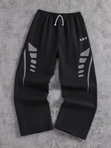 1pc Kids High Street Fashion Color Block Logo Print Straight Leg Pants, Novel Fashion, Comfortable Fabric, Versatile & Practical, New Arrival, Suitable For All Seasons, Daily Wear, Sports, School And Other Occasions, Tween Boys Pants - Black - View 1