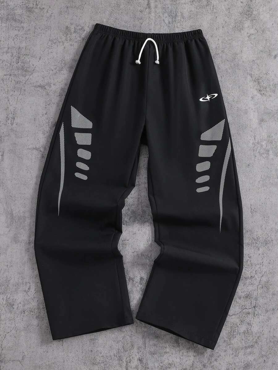 1pc Kids High Street Fashion Color Block Logo Print Straight Leg Pants, Novel Fashion, Comfortable Fabric, Versatile & Practical, New Arrival, Suitable For All Seasons, Daily Wear, Sports, School And Other Occasions, Tween Boys Pants - Black - View 1