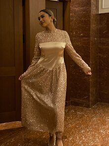 Livesso Women's Solid Color Patchwork Sequin Round Neck Long Sleeve Elegant Mid-Length Dress - Apricot - View 3